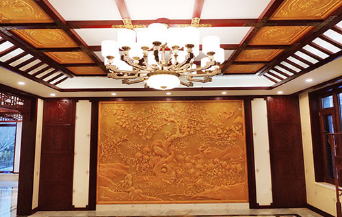 黄山中式别墅客厅中式木作横梁吊顶装饰展示
